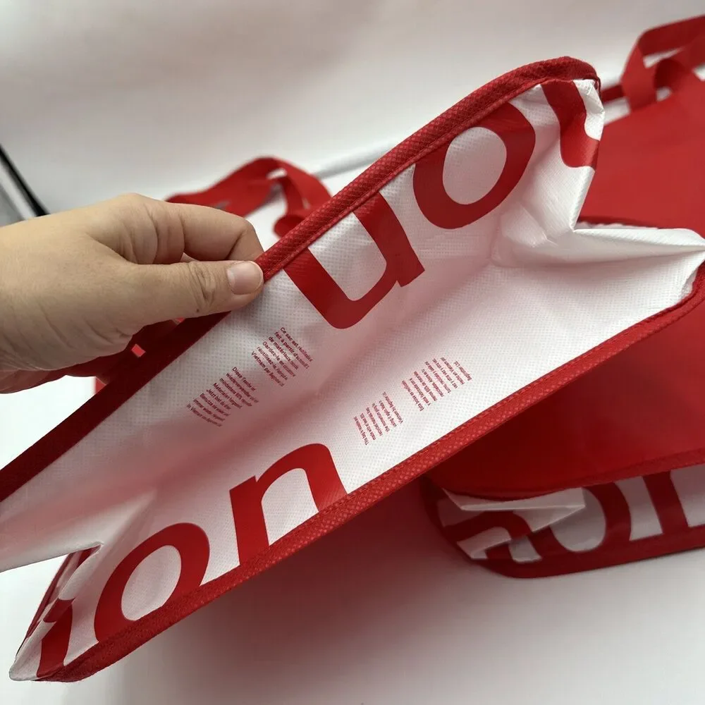 Lot Of 2 Lululemon Reusable Bag Large White RedTote Shopping Spell out 16x14x6”